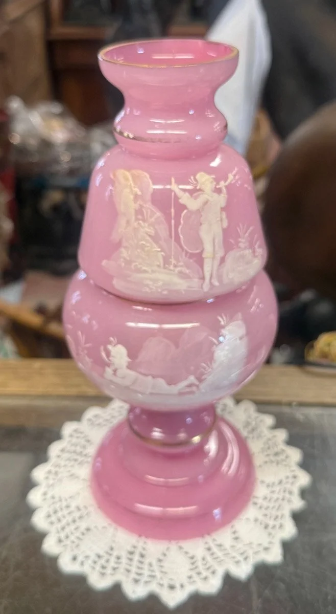 Opaline Glass Fairy Lamp with Mary Gregory and Gilt Decoration in Pink