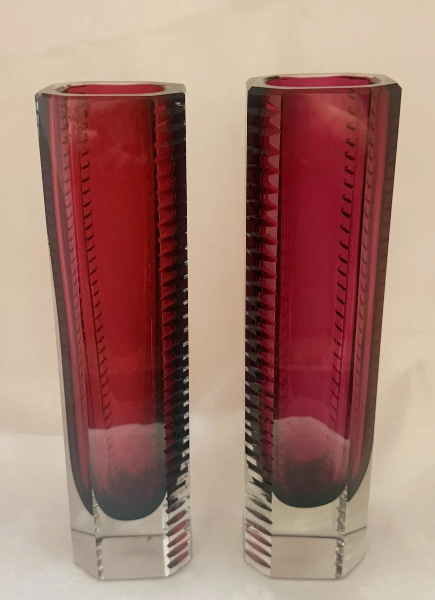 Beyer, West Germany Mid-Century Pair of Cut Crystal Tall Vases in Burgundy