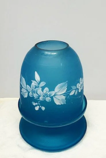 Blue Satin Glass Fairy Lamp with White Enamel Florentine Floral Decoration