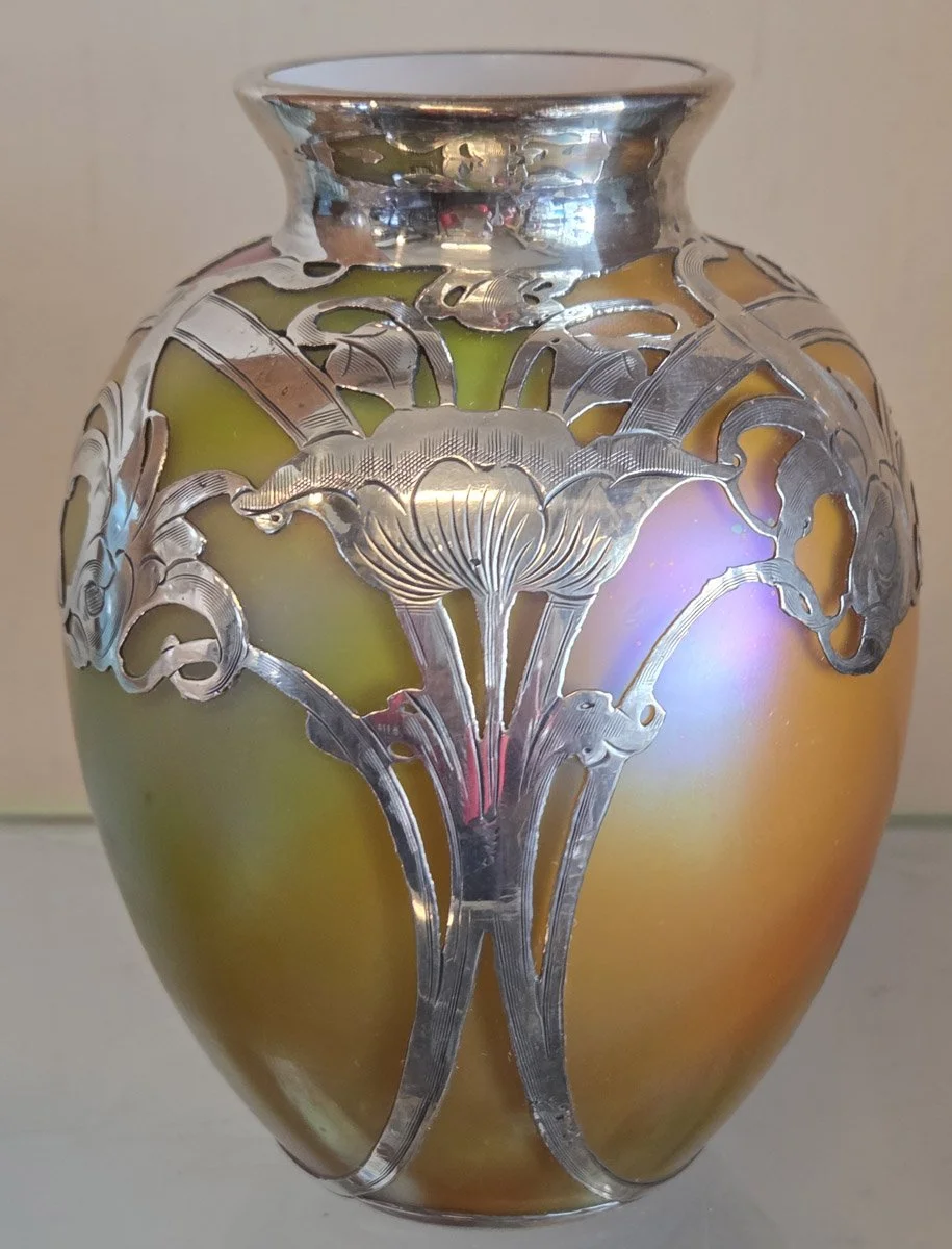 Loetz Art Nouveau Cased Vase with Sterling Overlay - Circa 1900