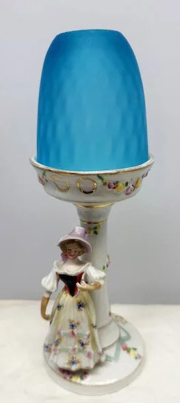 German D.R.G.M. Bisque Figural Stem Pedestal Fairy Lamp of a Girl
