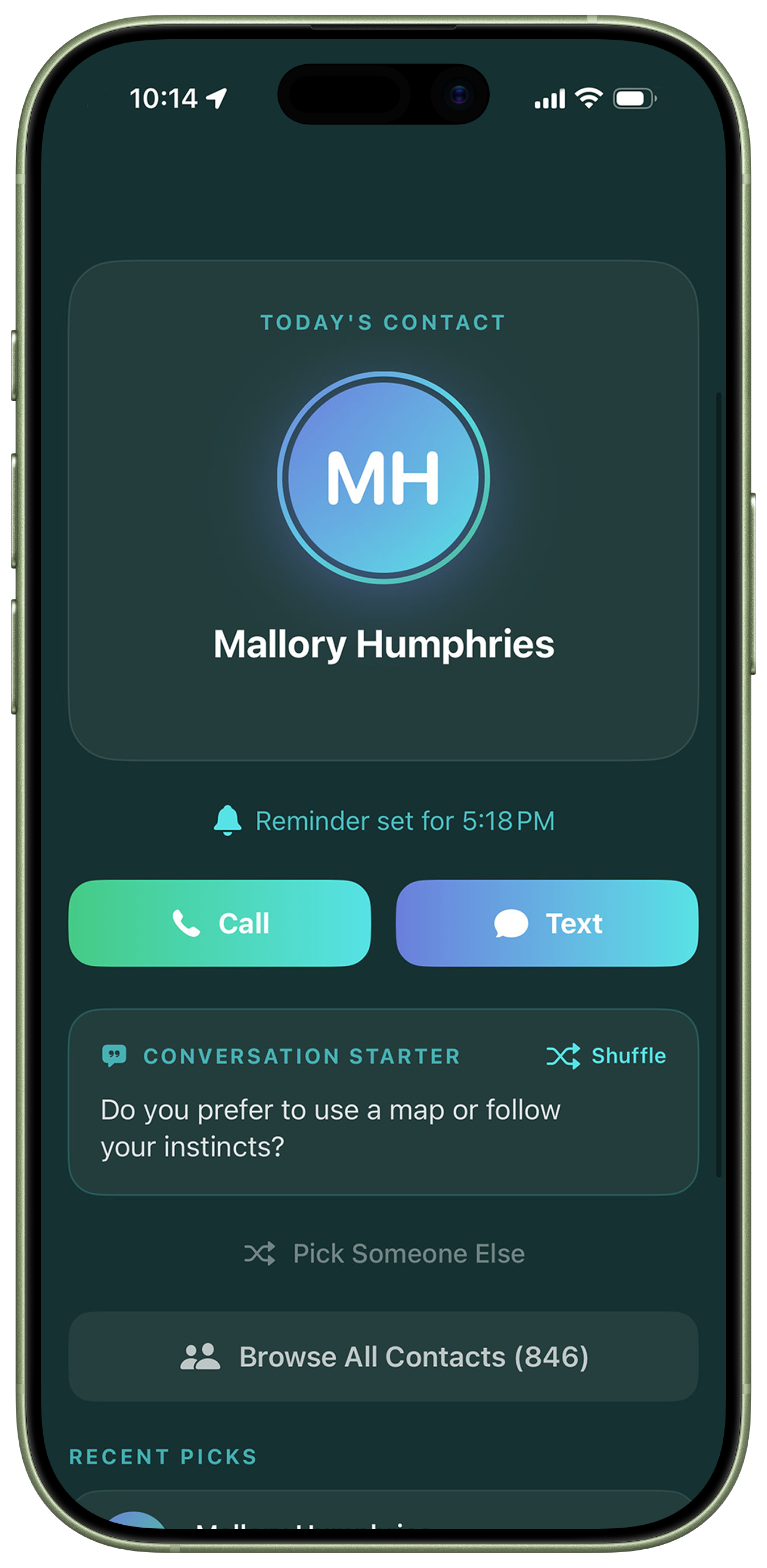An iPhone showing the home screen view of the Penelope app