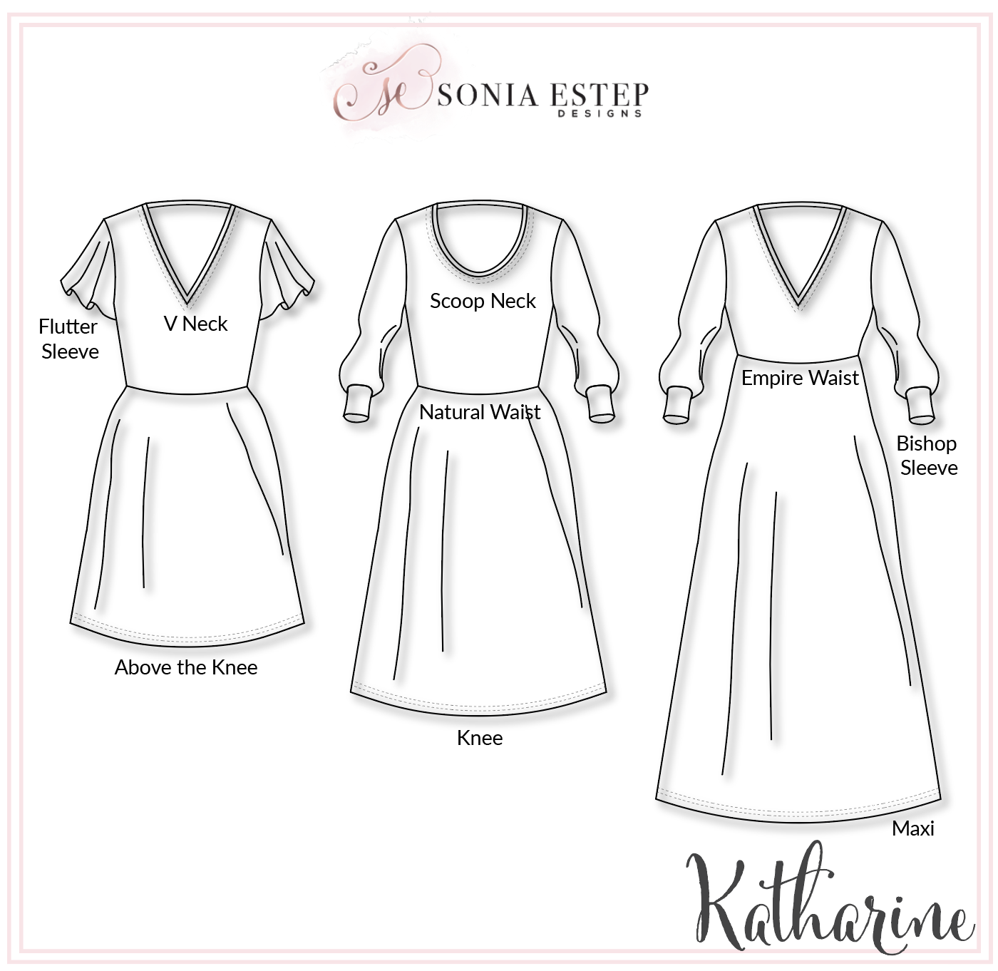 Here is the line art for the Katherine dress by Sonia Estep