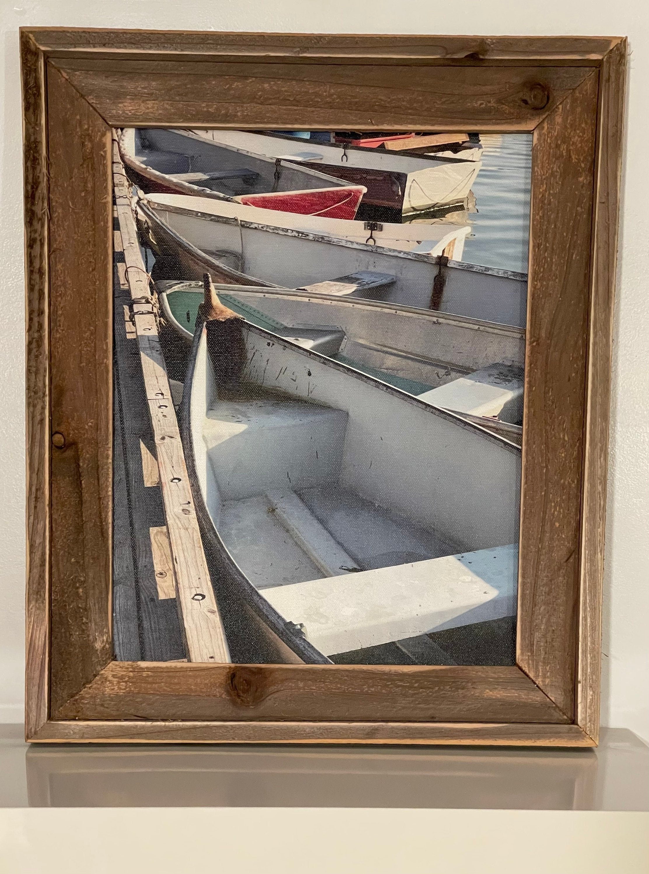 Framed Boat Dock Canvas Print // Rustic Wood Frame Nautical Photography // Dinghy Photo // Row Boat Print // Beach Cottage Wall Art