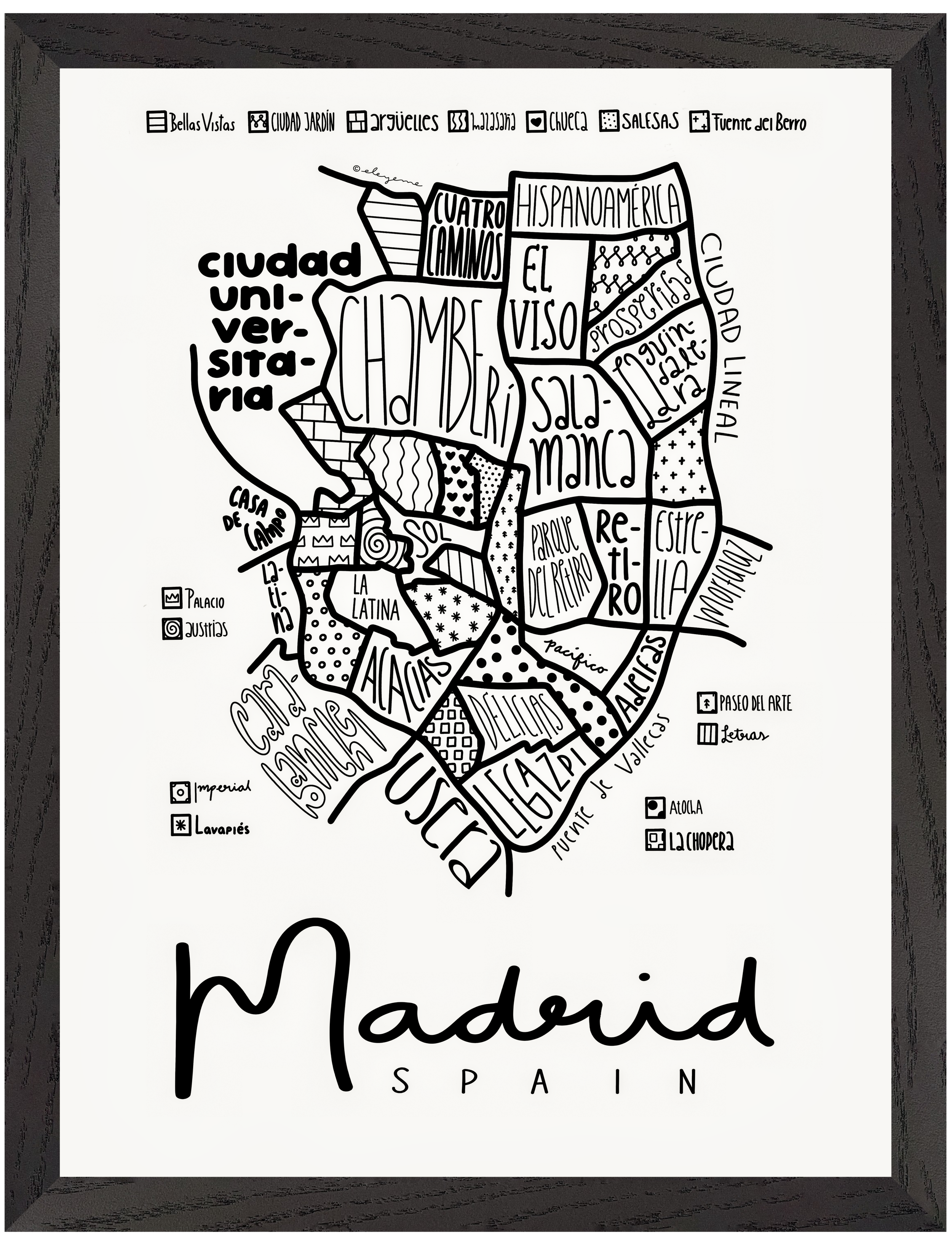Black wood framed illustrated map of Madrid.