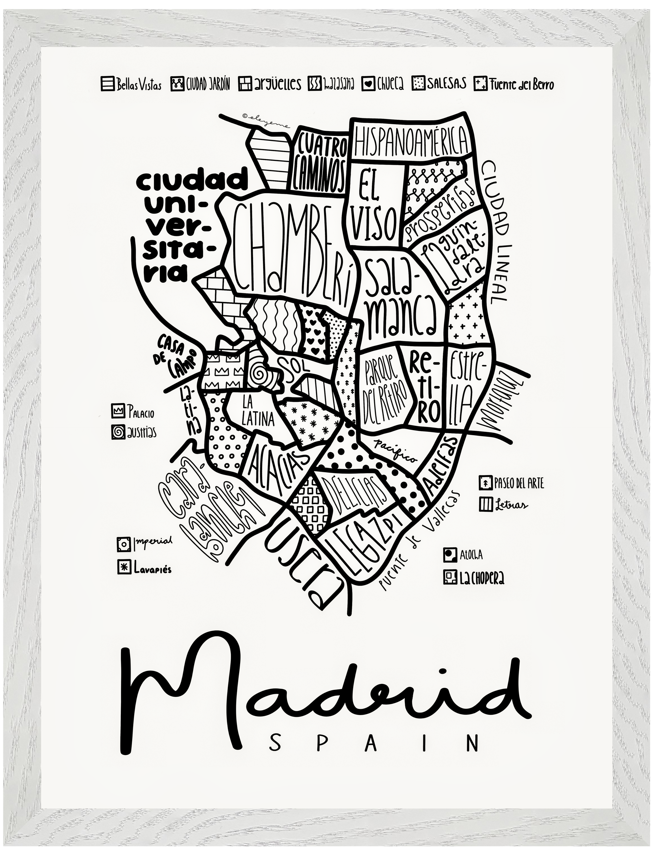 White wood framed illustrated map of Madrid.