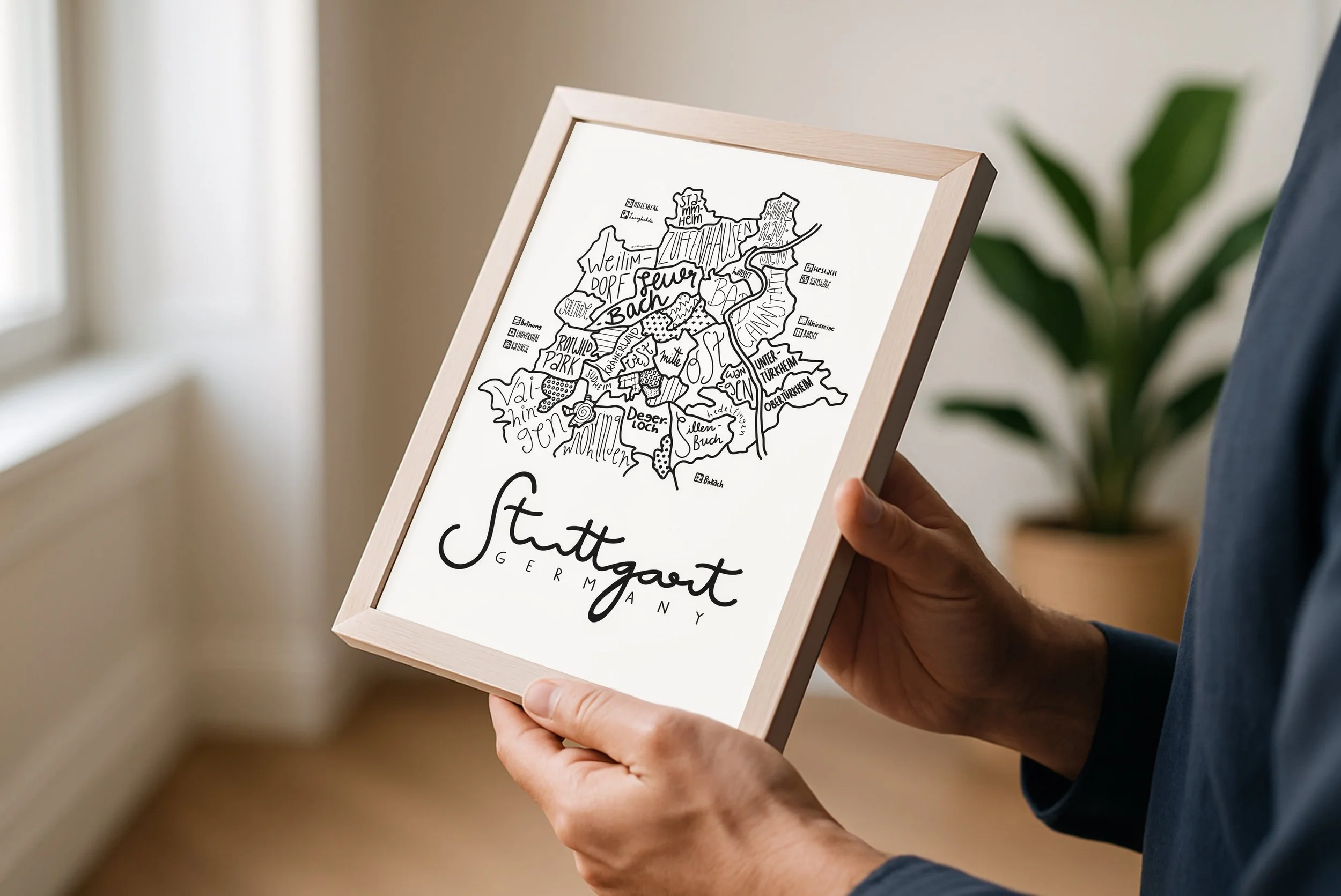 Natural wood framed illustrated map of Stuttgart held in someone’s hands.