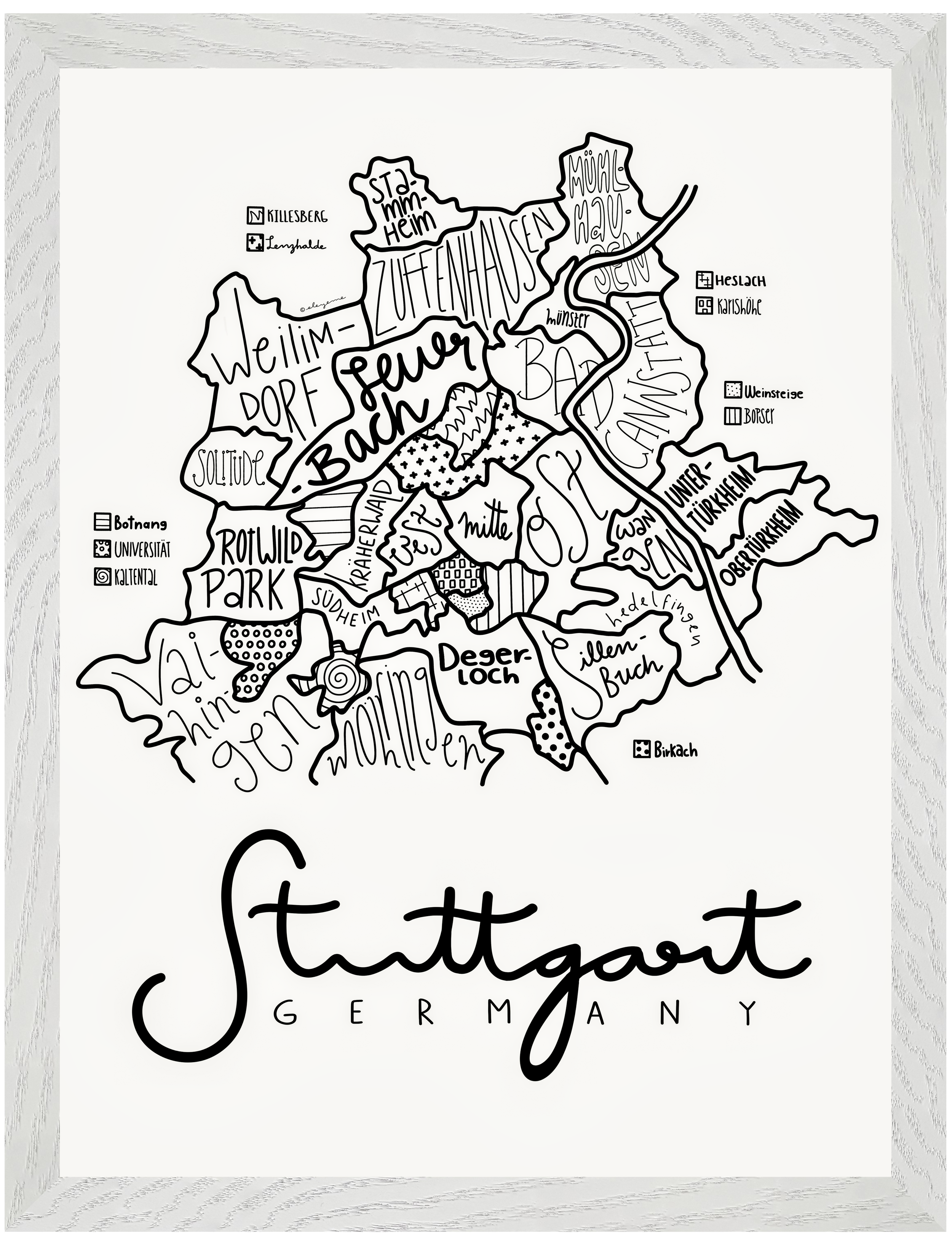 White wood framed illustrated map of Stuttgart.