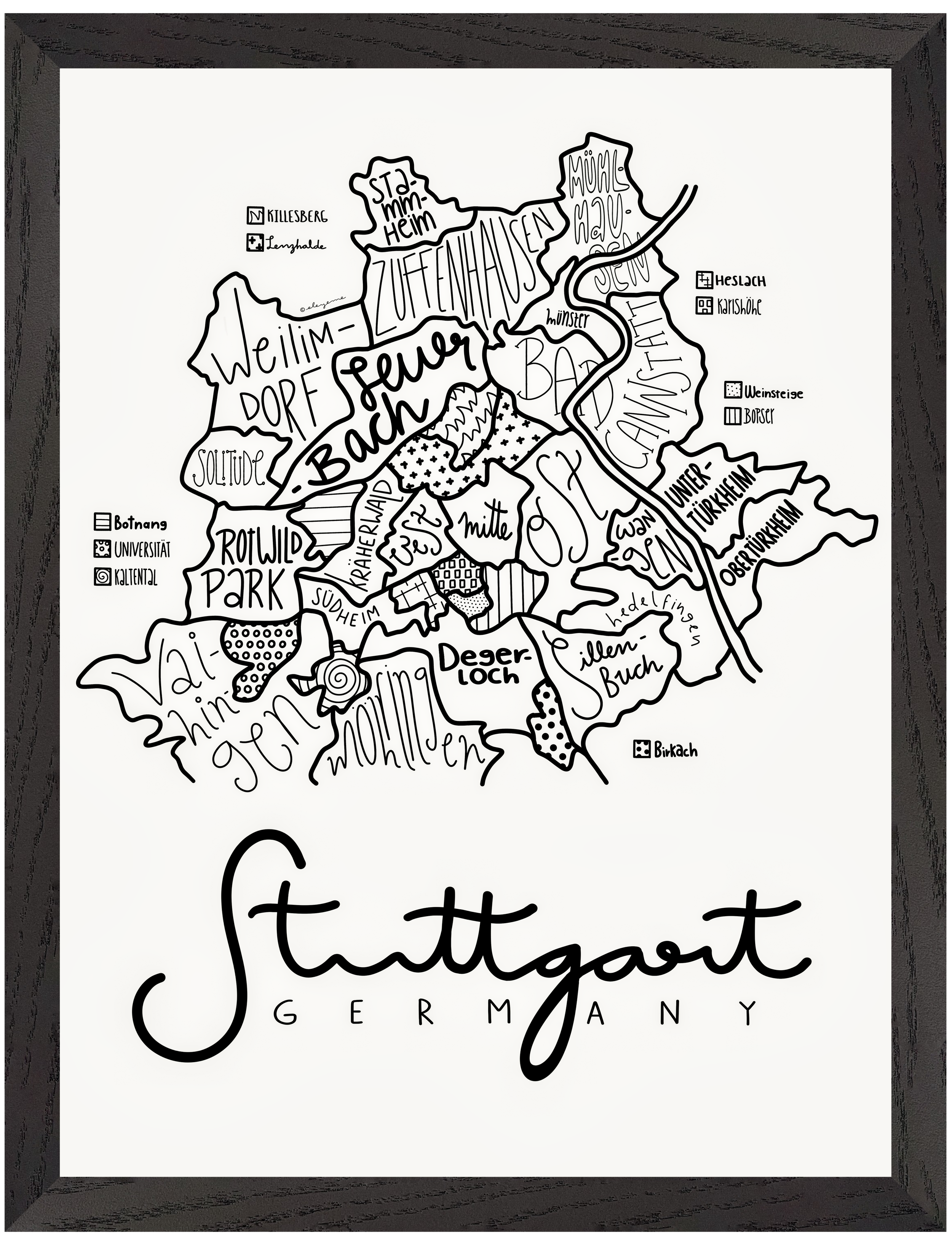 Black wood framed illustrated map of Stuttgart.