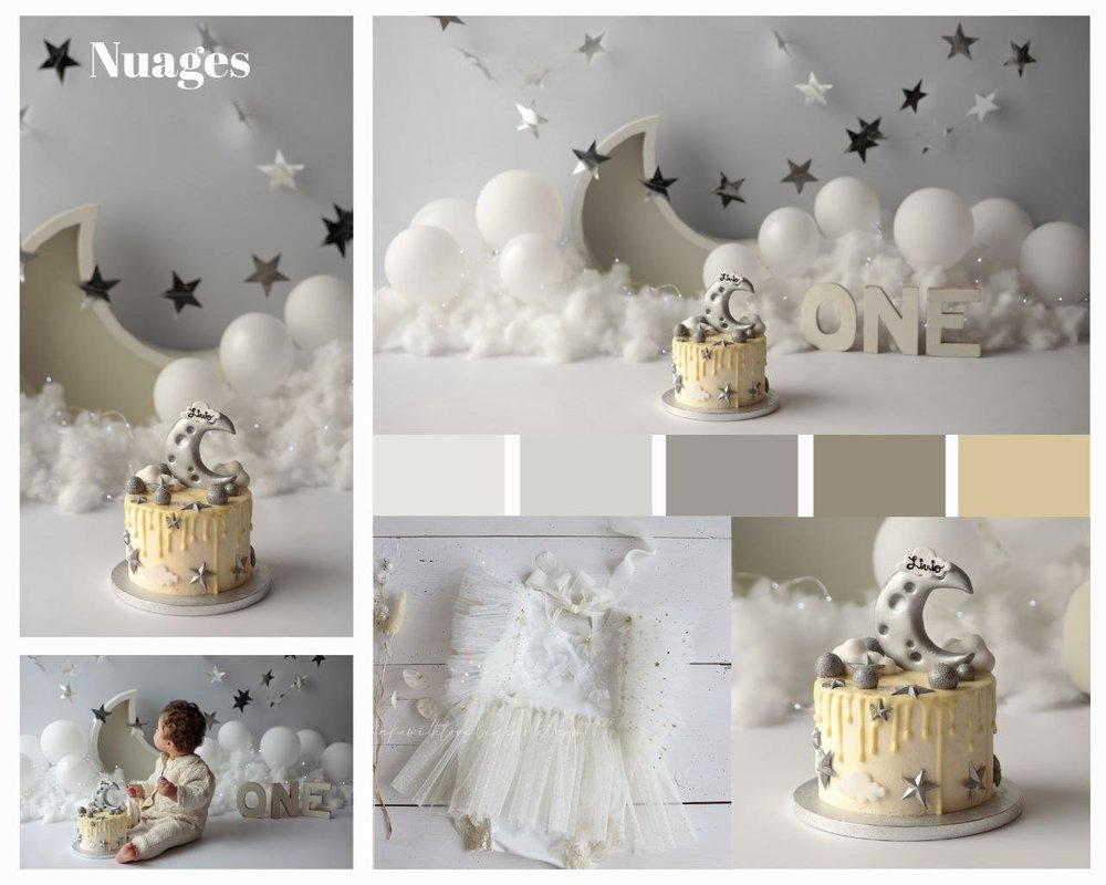 Planche d’un thème nuages et étoiles : décor blanc, lune et gâteau étoilé.