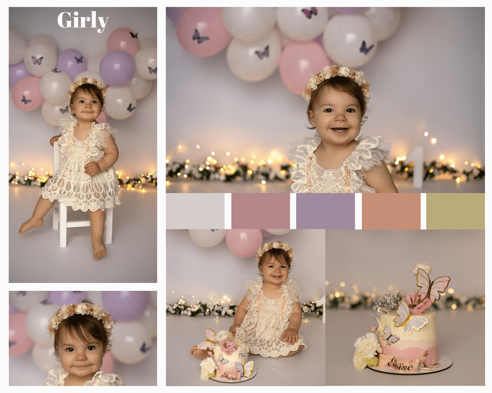 Planche d’un thème girly : ballons pastel, robe en dentelle et gâteau à fleurs.