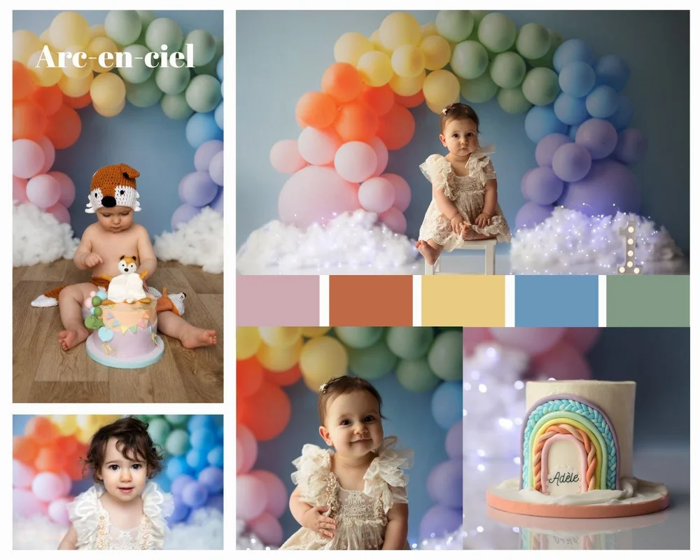Planche d’un thème arc-en-ciel : arche de ballons multicolores et gâteau arc-en-ciel.