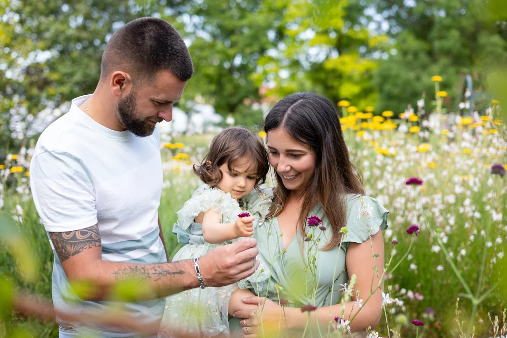 Papa et maman avec leur fillette au milieu d’un champ de fleurs sauvages.