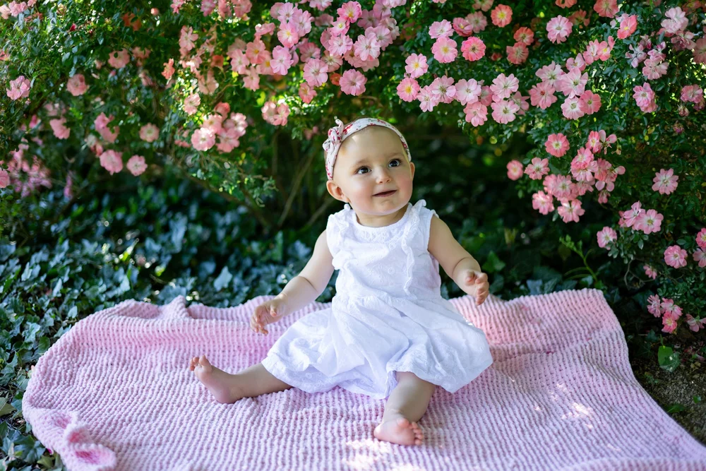 Bébé en robe blanche assise sur une couverture rose devant un buisson de roses.