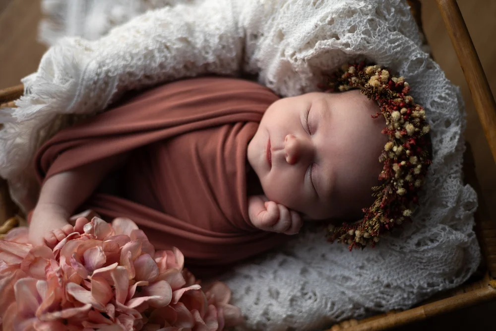 Nouveau-né emmailloté de vieux rose, couronne de fleurs, près de fleurs roses.