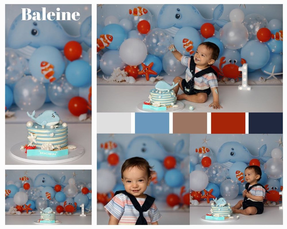 Planche d’un thème poissons : ballons bleus et gâteau poisson-clown.