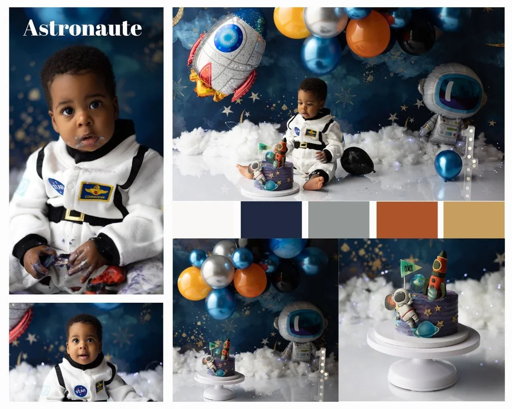Planche d’un thème astronaute : combinaison spatiale, fusée et ballons.