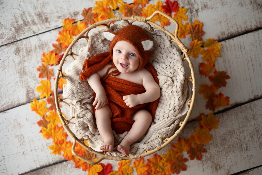 Bébé en bonnet de renard dans un panier entouré de feuilles d’automne.