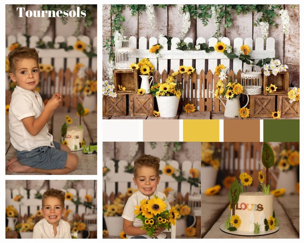 Planche d’un thème tournesols : palissade blanche, tournesols et gâteau fleuri.