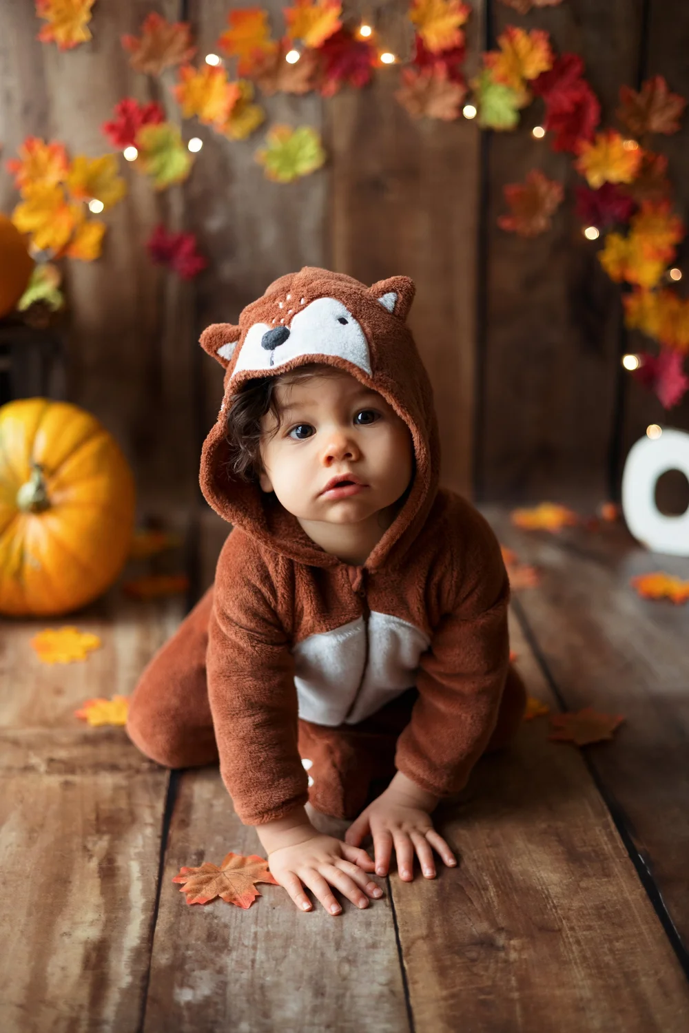 Bébé en costume de renard à quatre pattes, feuilles d’automne et citrouilles.