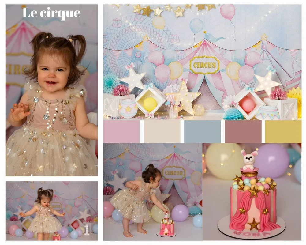 Planche d’un thème cirque : décor pastel de chapiteau et robe à paillettes.