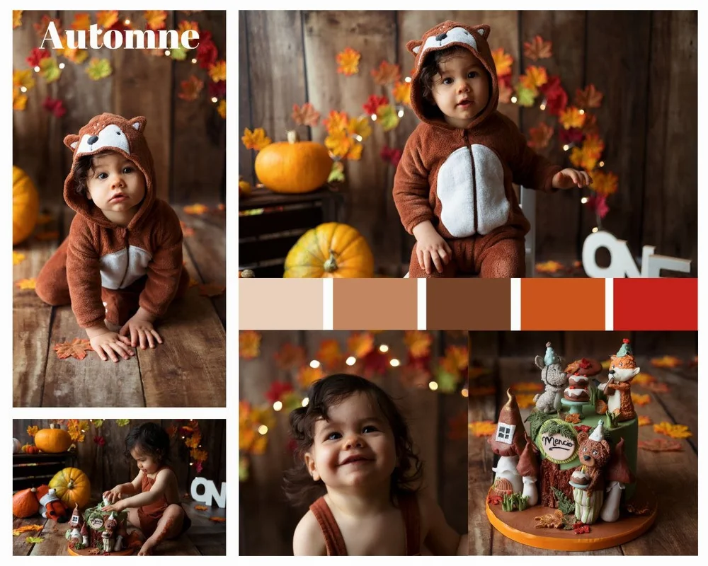 Planche d’un thème automne : bébé en tenue de raton laveur, citrouilles et décor en bois.