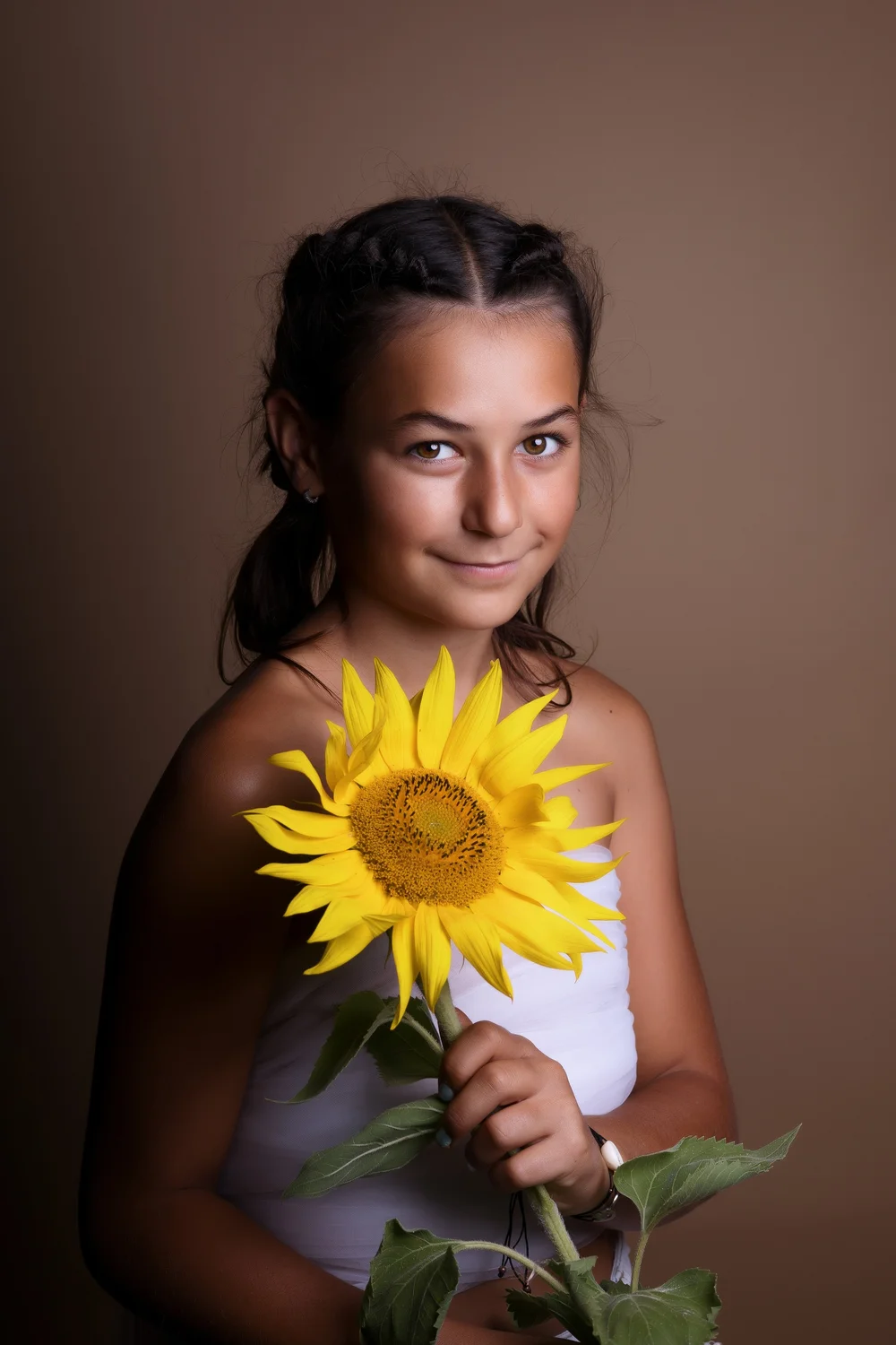 petite fille de 10 ans tenant un tournesol