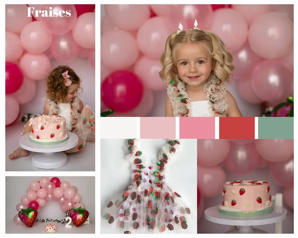 Planche d’un thème fraises : ballons roses et rouges, robe fleurie.