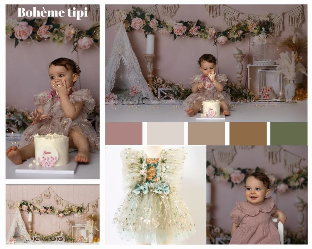 Planche d’un thème tipi bohème : tipi, fleurs et gâteau crème.