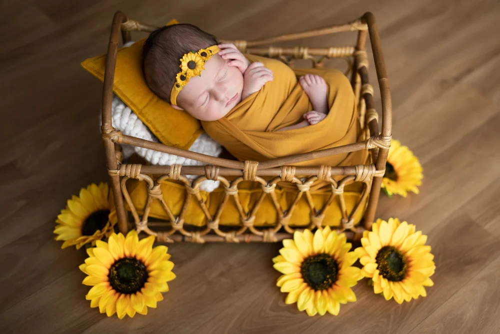 Nouveau-né emmailloté de moutarde dans un petit lit entouré de tournesols.