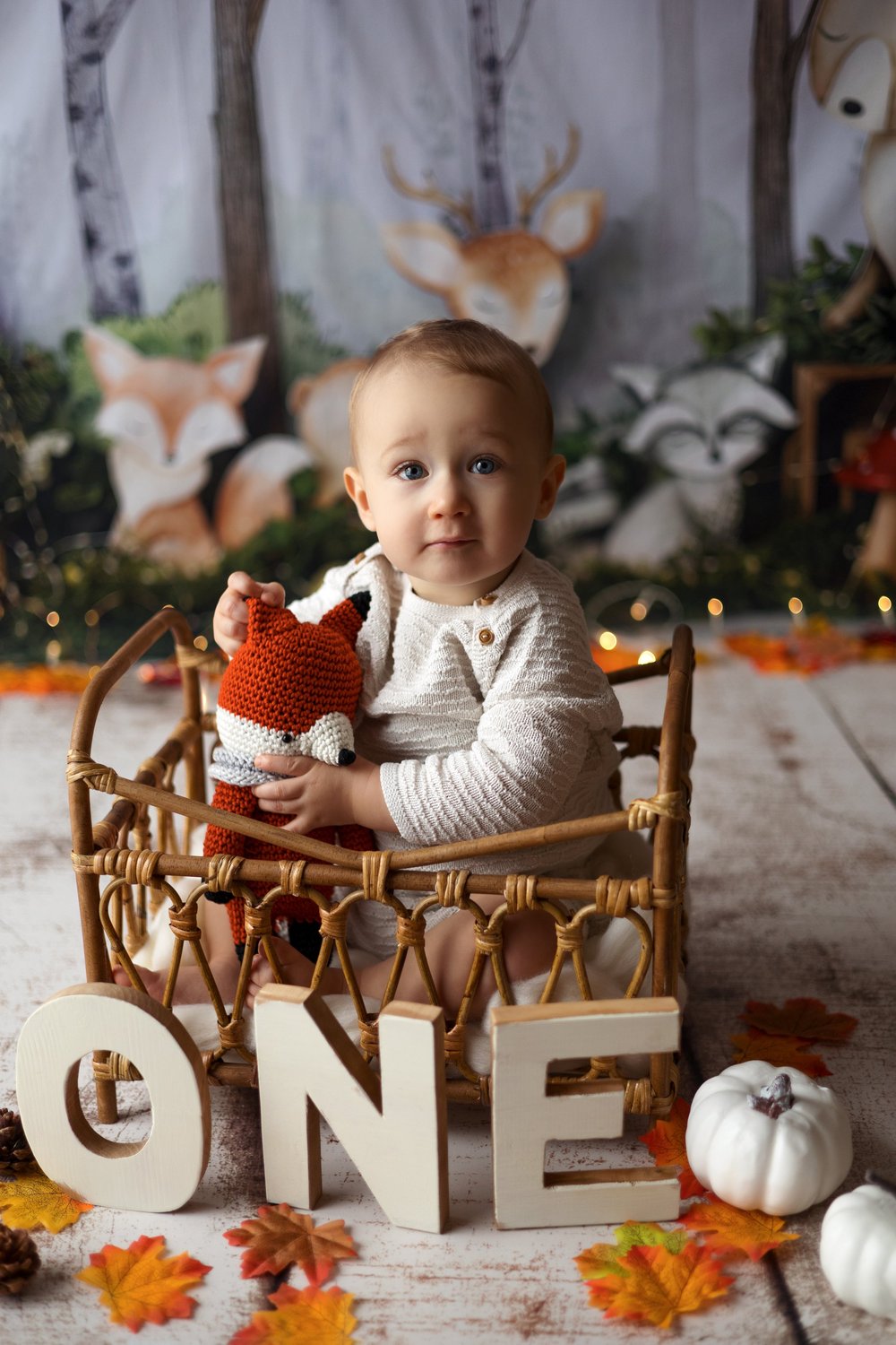 Bébé avec un renard en peluche dans un petit lit, lettres « ONE », décor d’automne.