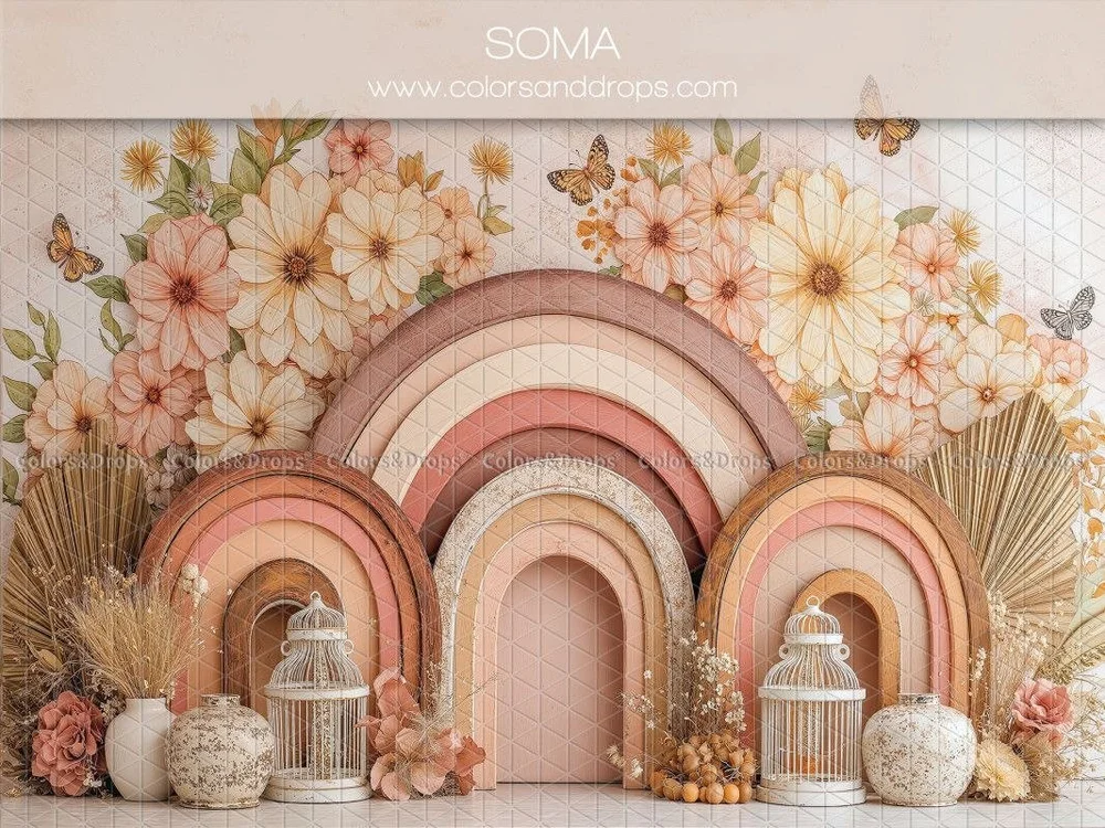 Décor Soma : arc-en-ciel en bois, fleurs et cages à oiseaux.