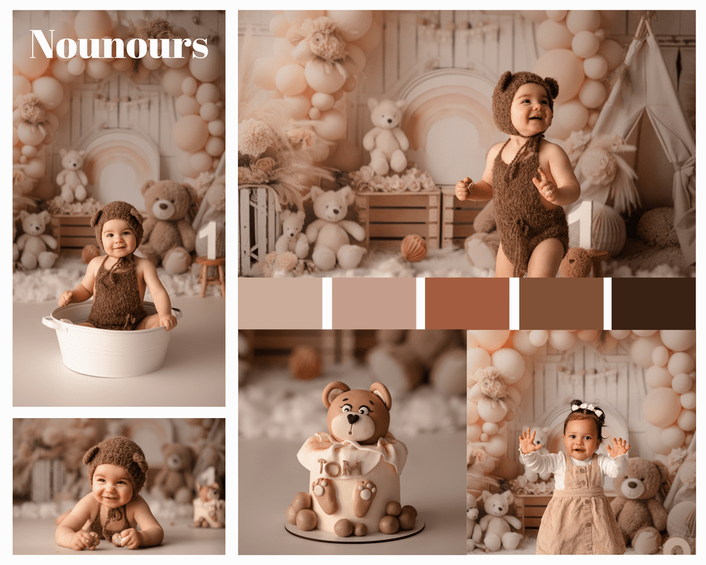 Planche d’un thème nounours : ours en peluche, tons beiges et arche en bois.
