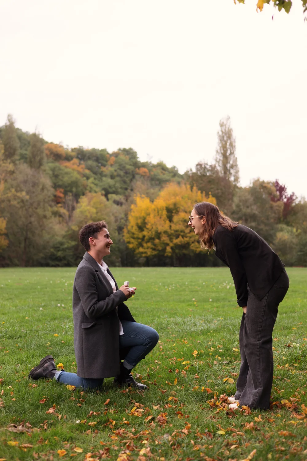 Demande en mariage dans un parc en automne.