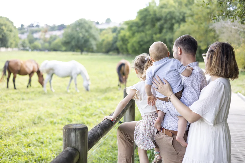 Famille au bord d’un pré avec des chevaux.