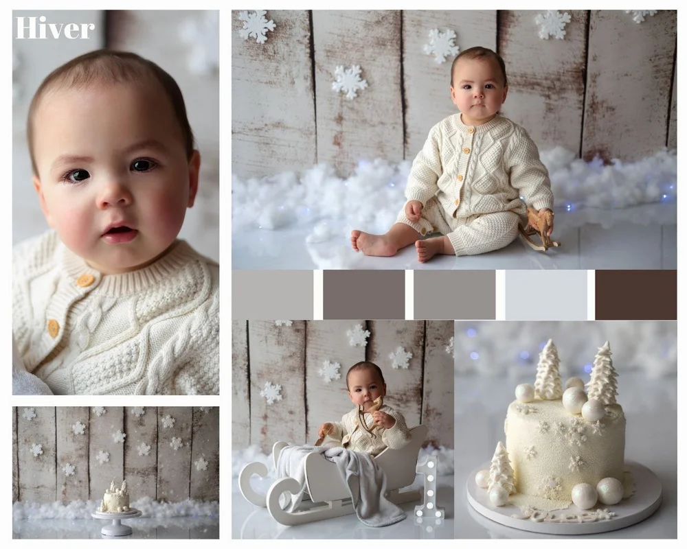 Planche d’un thème hiver : bébé en pull en laine, flocons et gâteau blanc.