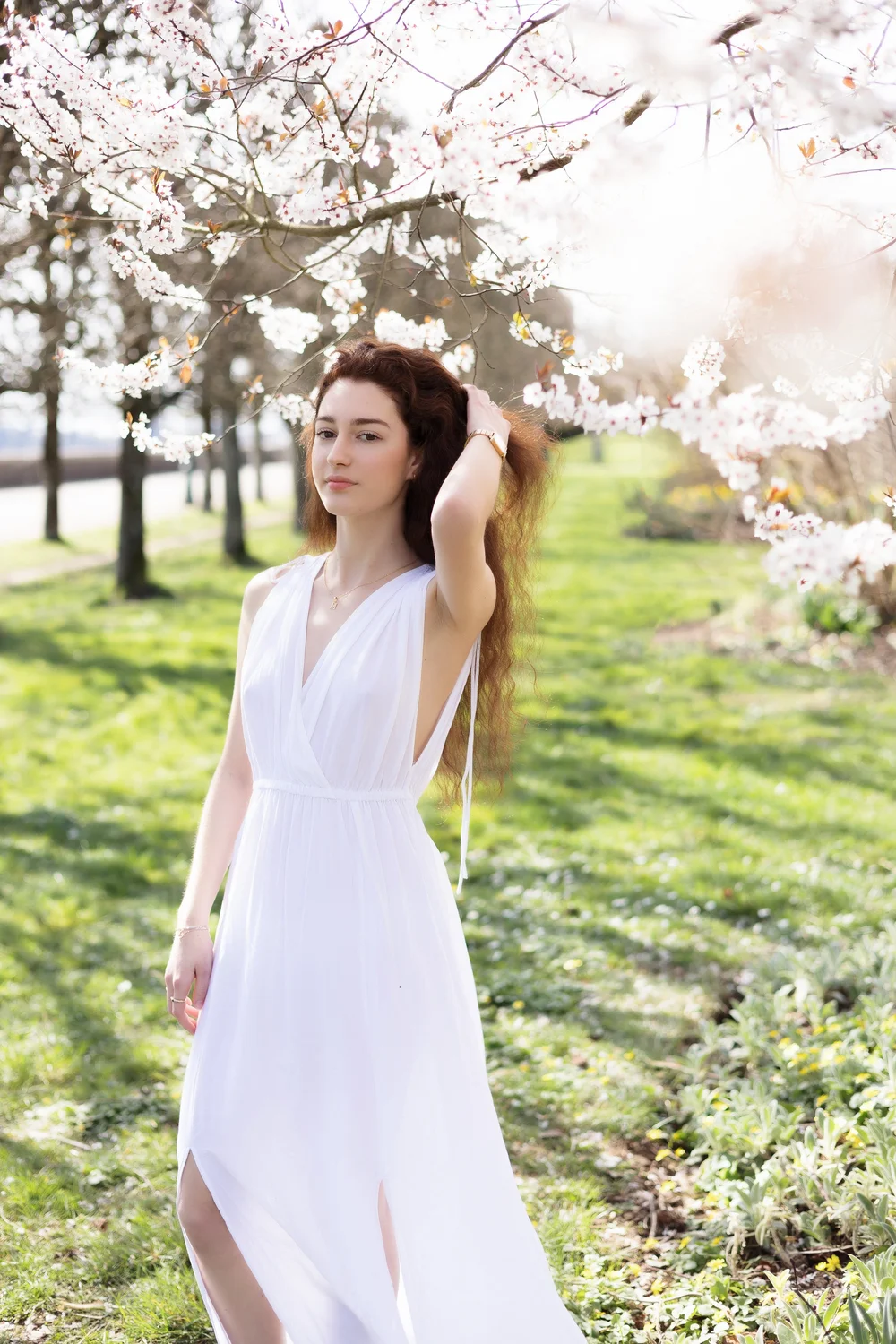 portrait jeune fille robe blanche longue sous les cerisiers en fleurs