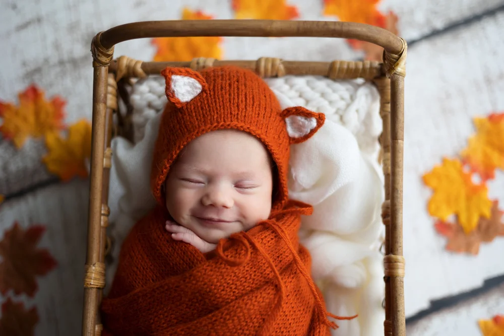 Nouveau-né souriant en bonnet de renard dans un petit lit, feuilles d’automne.