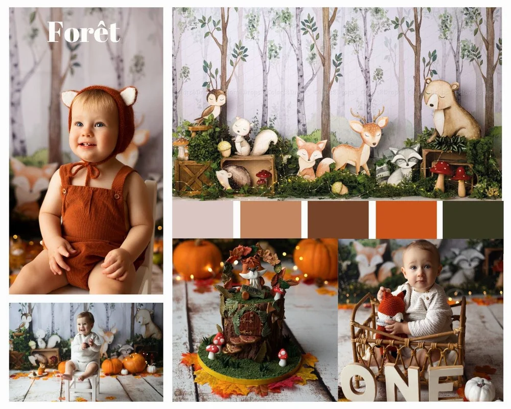 Planche d’un thème forêt : bébé en tenue de renard, décor de bouleaux et animaux des bois.