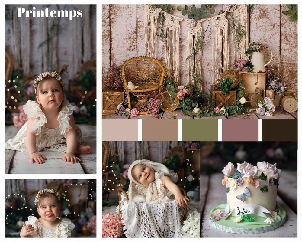 Planche d’un thème printemps : fauteuil en rotin, fleurs et gâteau pastel.