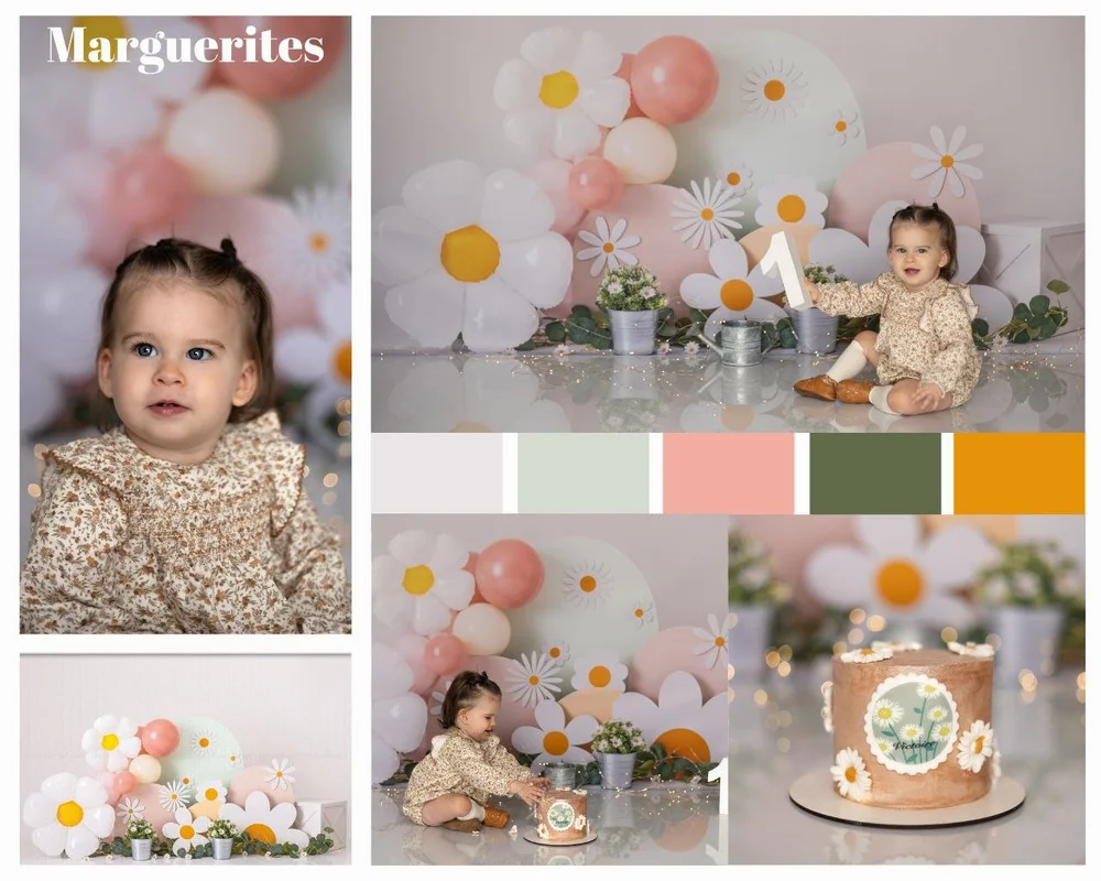 Planche d’un thème marguerites : grandes marguerites en papier et ballons pastel.