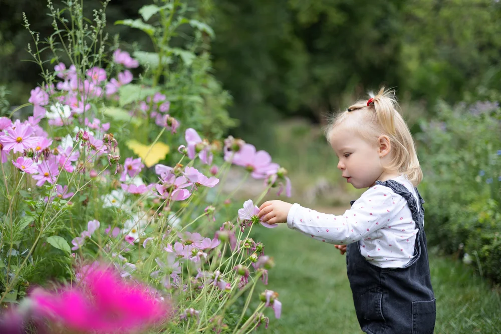Petite fille touchant des fleurs dans un jardin.