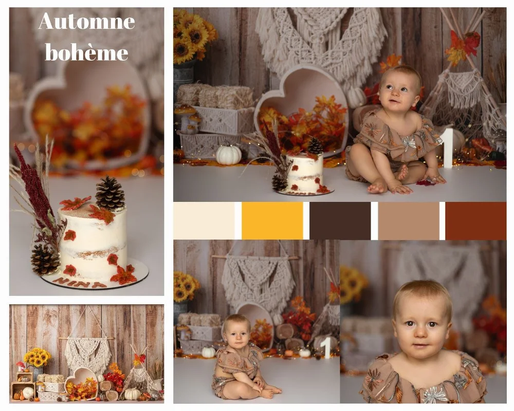 Planche d’un thème automne bohème : feuilles, pommes de pin et macramé.
