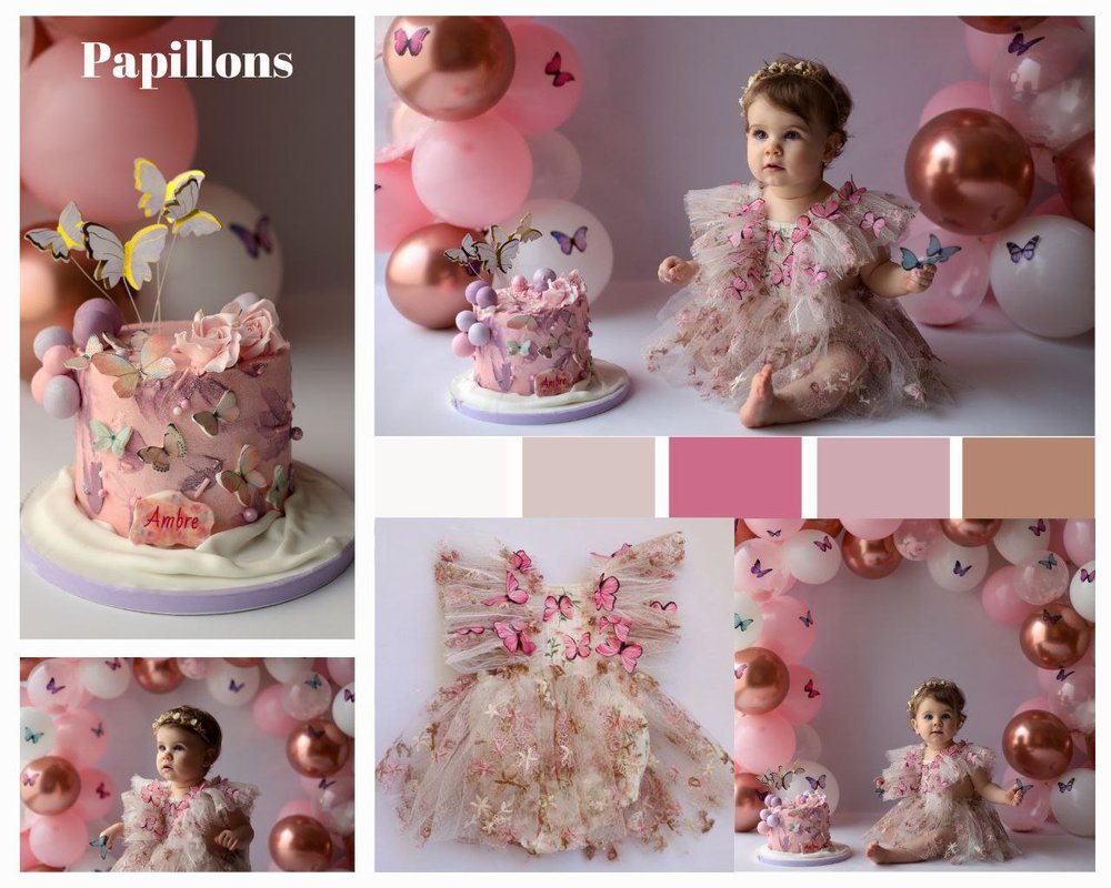 Planche d’un thème ballons : ballons roses et papillons, gâteau fleuri.