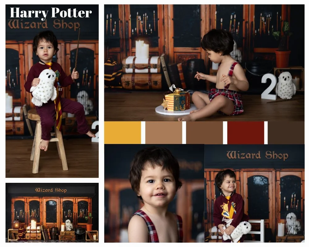 Planche du thème « Wizard Shop » : décor de boutique de sorcier, chouette et gâteau.