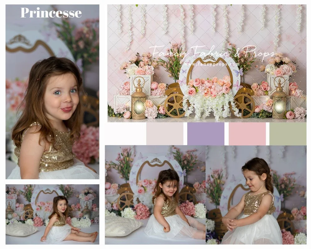 Planche d’un thème princesse : arche fleurie et robe à paillettes.
