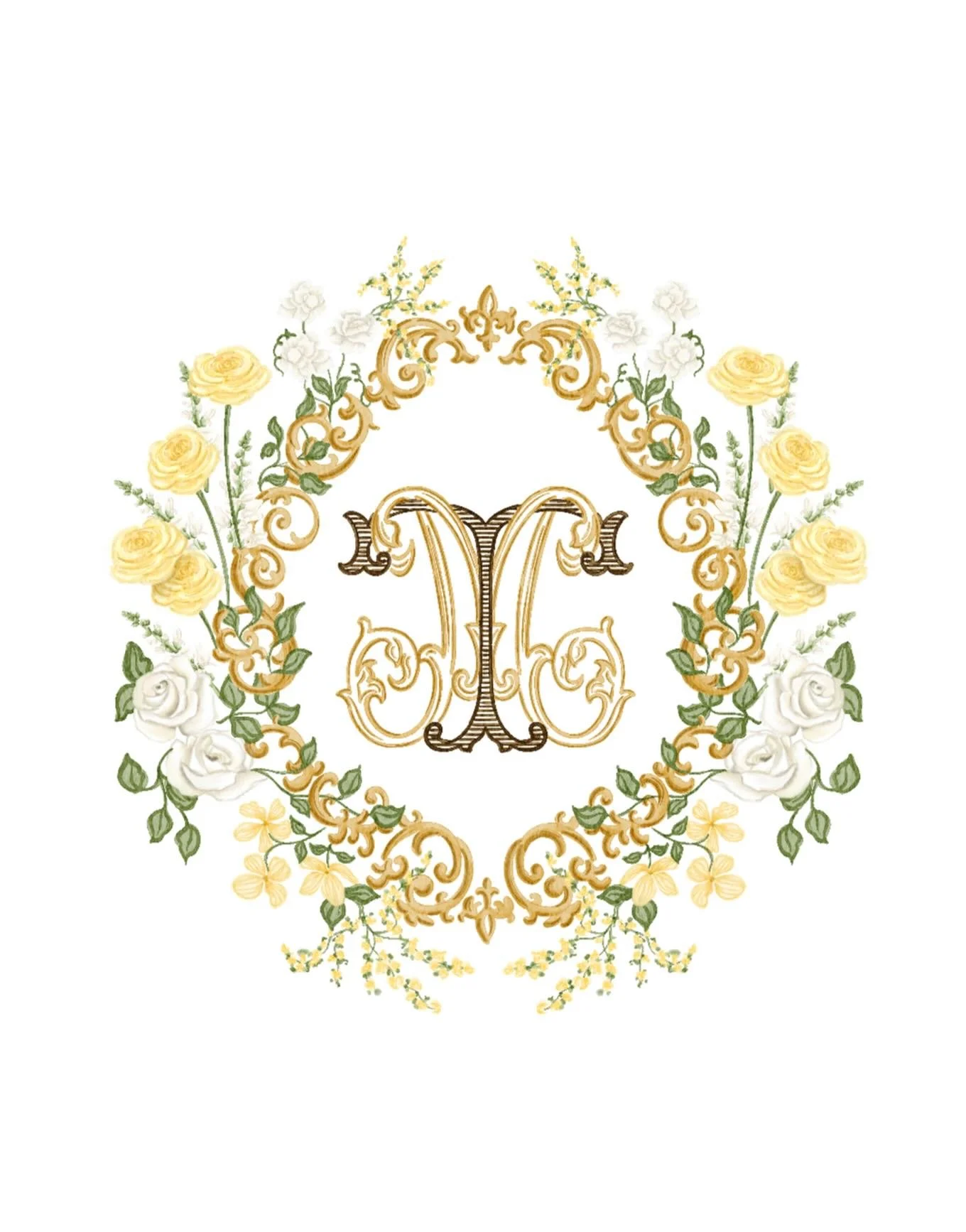 A golden, romantic crest for M + T&rsquo;s New Orleans wedding with detailing inspired by the French Quarter&rsquo;s iconic wrought ironwork. 

I loved illustrating this color palette of soft, buttery yellows, ivories, antique golds, and a hint of ch