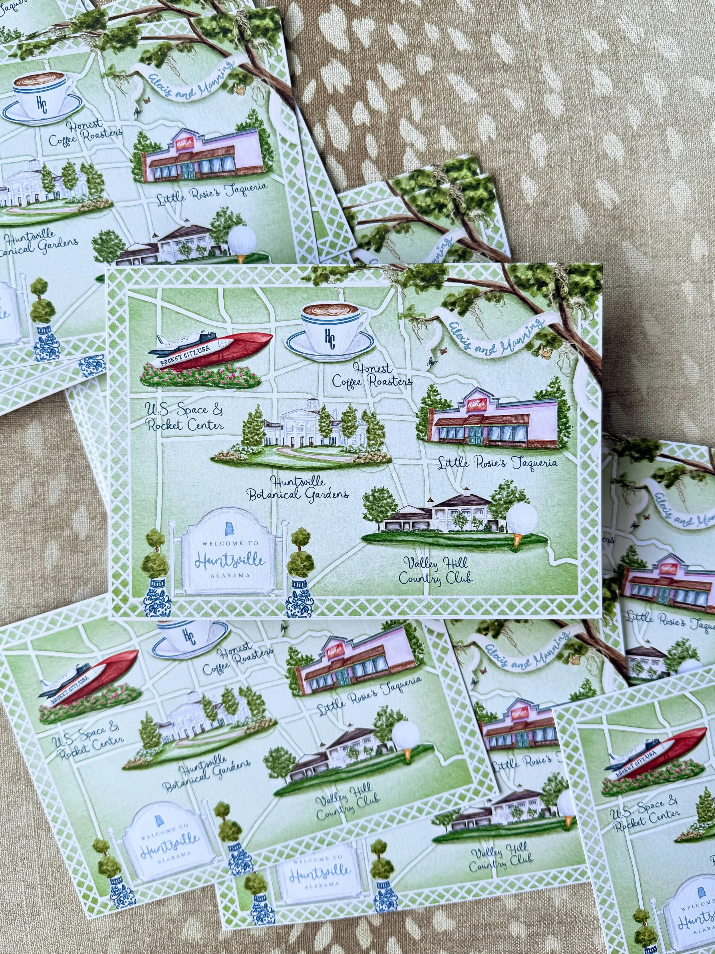 All roads lead to Alexis and Manning&rsquo;s love story in their custom map of Huntsville, AL🗺️💘

Featuring all their favorite spots and event venues throughout the weekend, these cuties made it into the welcome bags of each guest!
