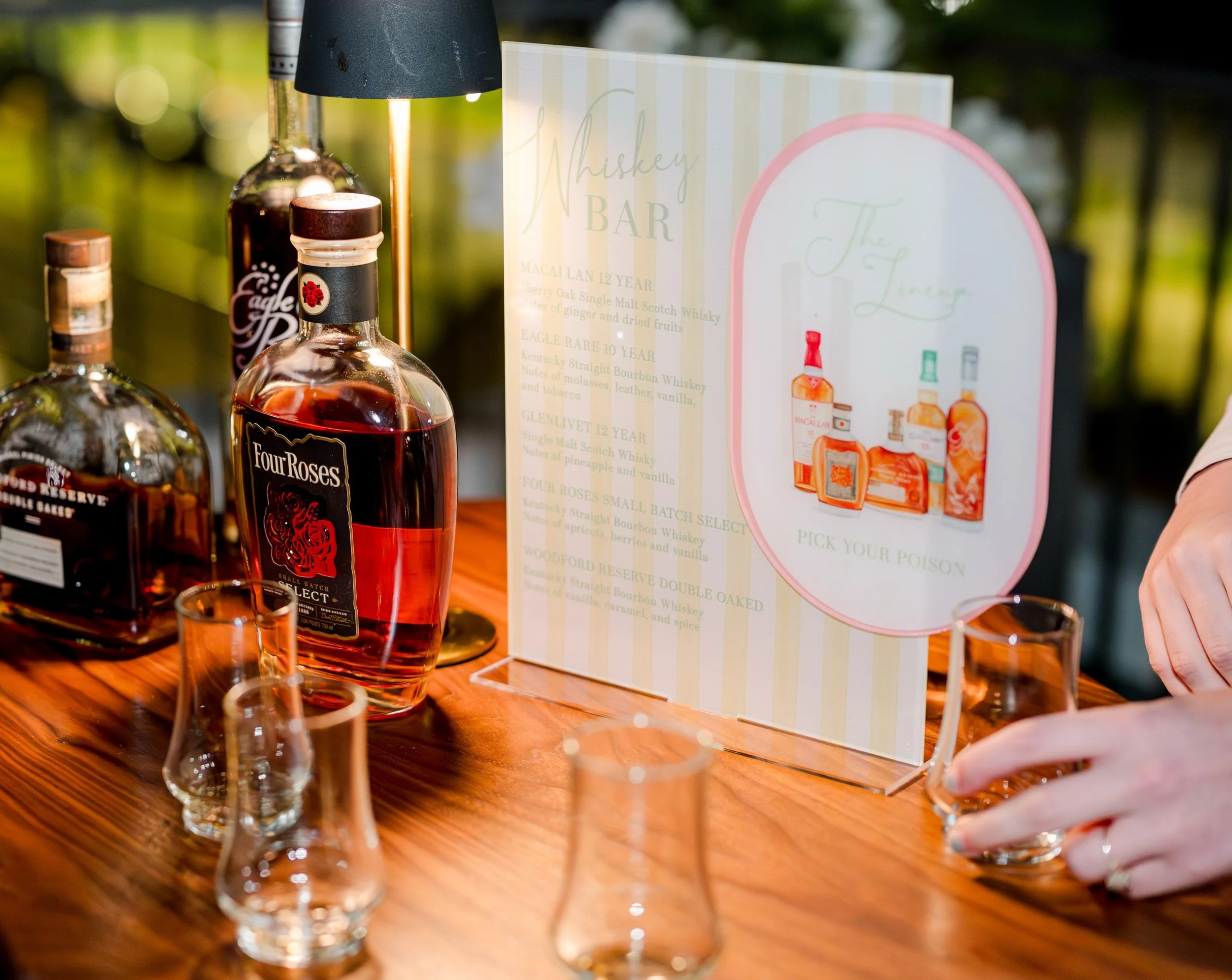 What does a whiskey tasting bar need? A delicious bottle selection and fabulous bar signage, of course. 🥃

This was but one element of the unforgettable experience that was Liz and Rod&rsquo;s wedding day! On-site cigar rollers and oyster shuckers, 