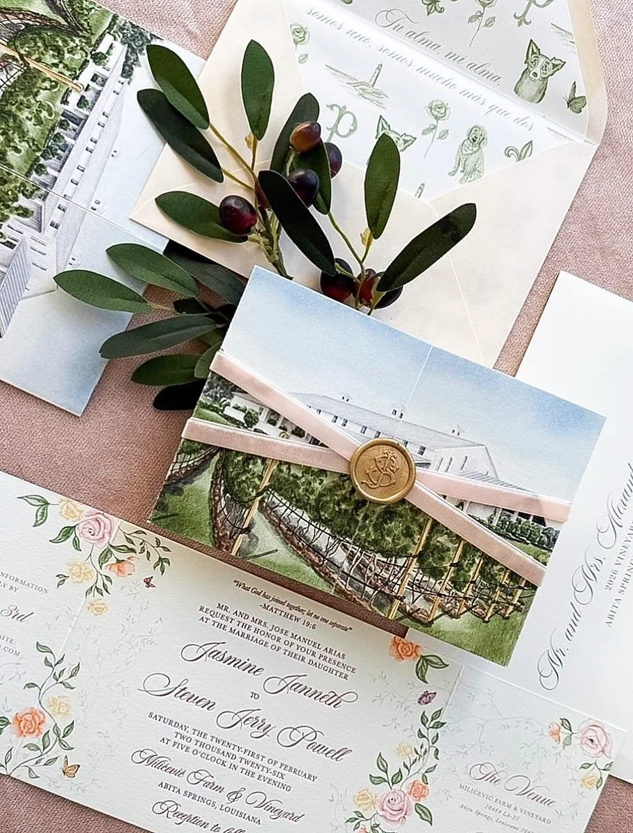 Soft, romantic, ethereal... this vineyard gatefold opens to blushing blooms and butterflies floating around a warm mauve letterpress. Each element fell into place to create an invitation worth holding onto🦋